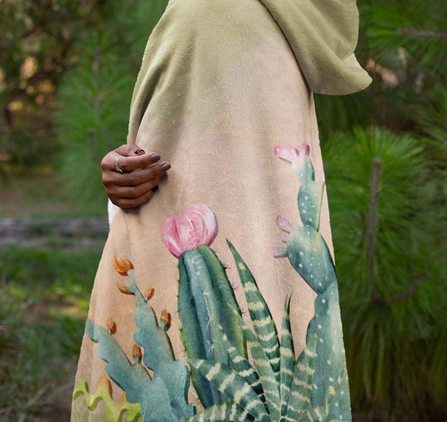 Cactus flower hooded blanket